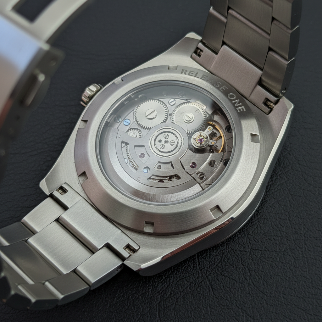 Rook Automatic — exhibition caseback showing the movement